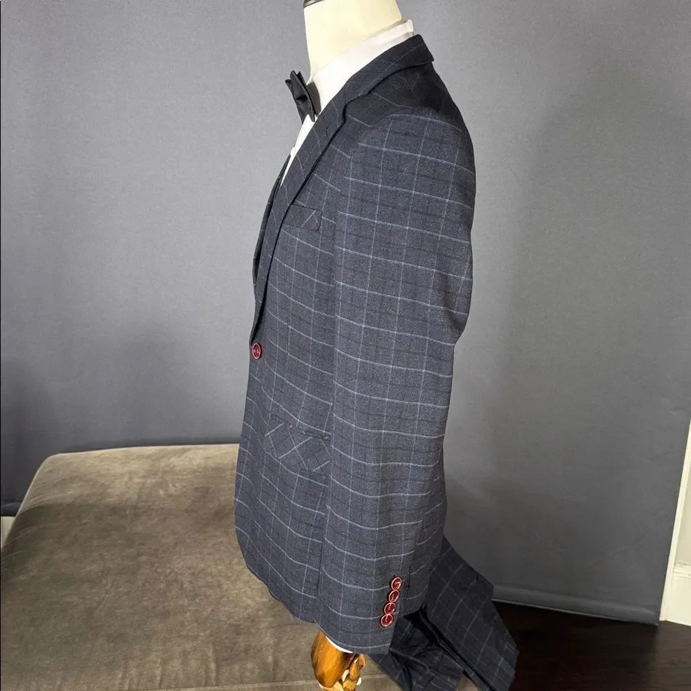 Men’s Dark Blue Plaid 3 Piece Formal Business Suit Jacket 34 Pants 32 NWT